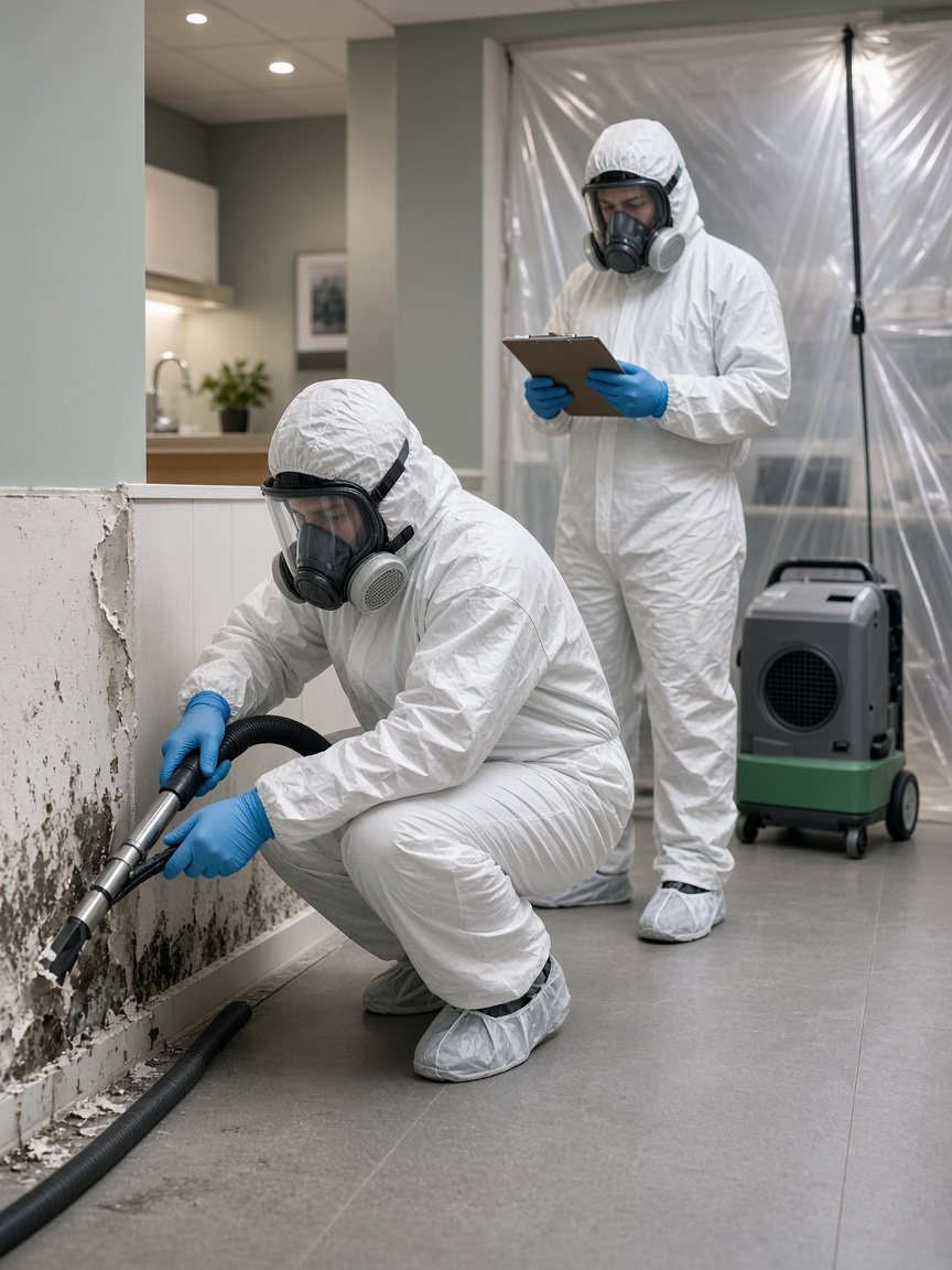 Mold remediation specialists in protective suits HEPA-vacuuming mold inside a containment area at a business