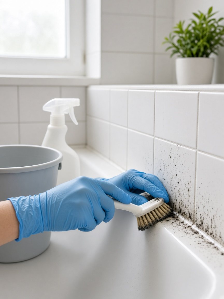 Gloved hands scrubbing black mold from bathroom tile grout