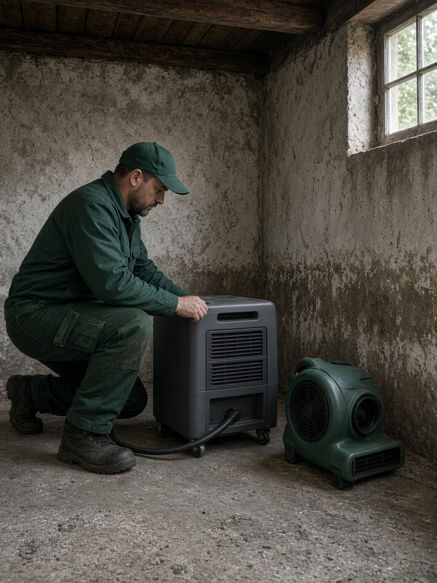FreshGuard specialist setting up a dehumidifier and air mover in a damp basement