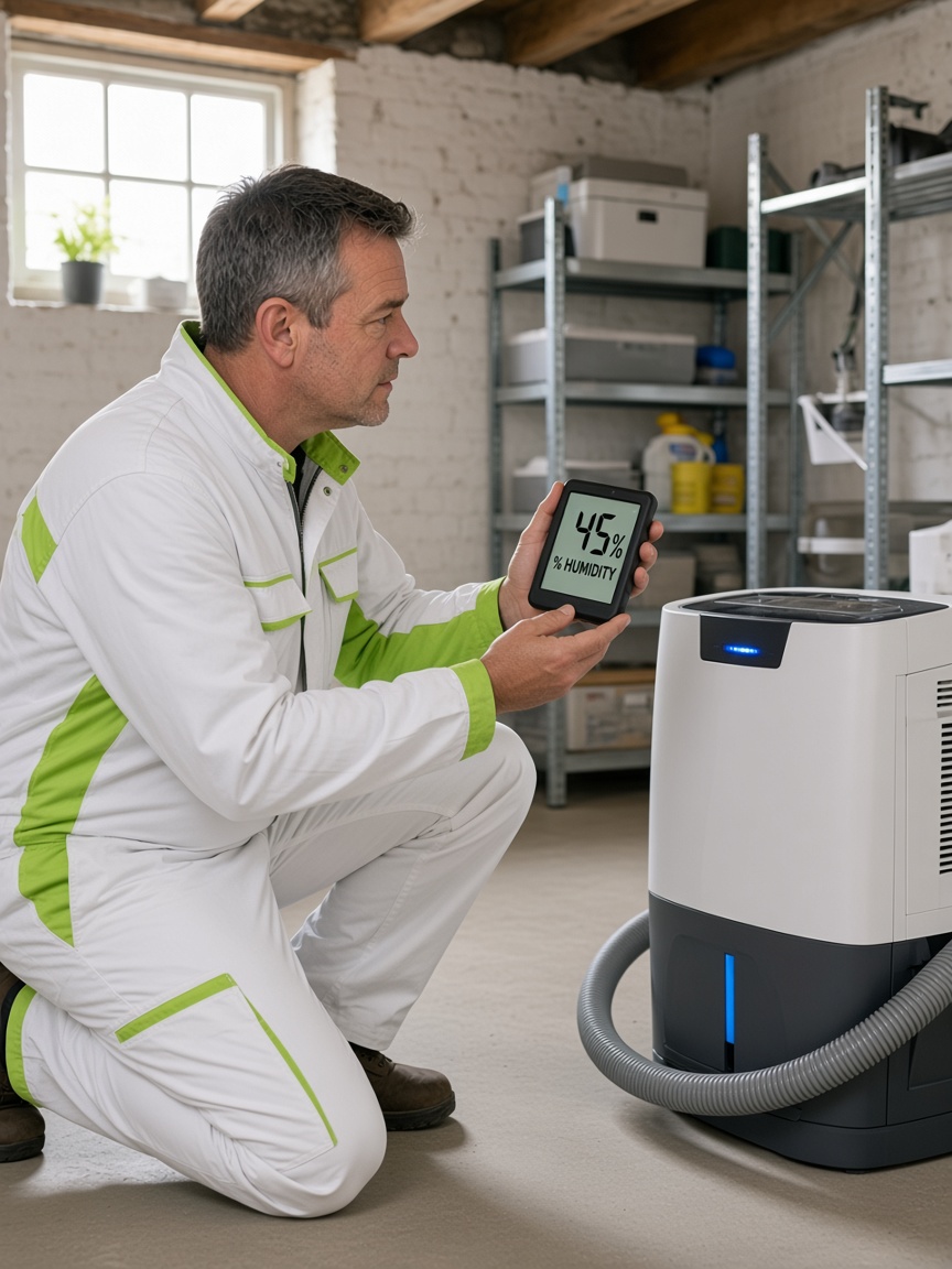 FreshGuard technician checking a hygrometer at 45 percent humidity beside a dehumidifier in a basement
