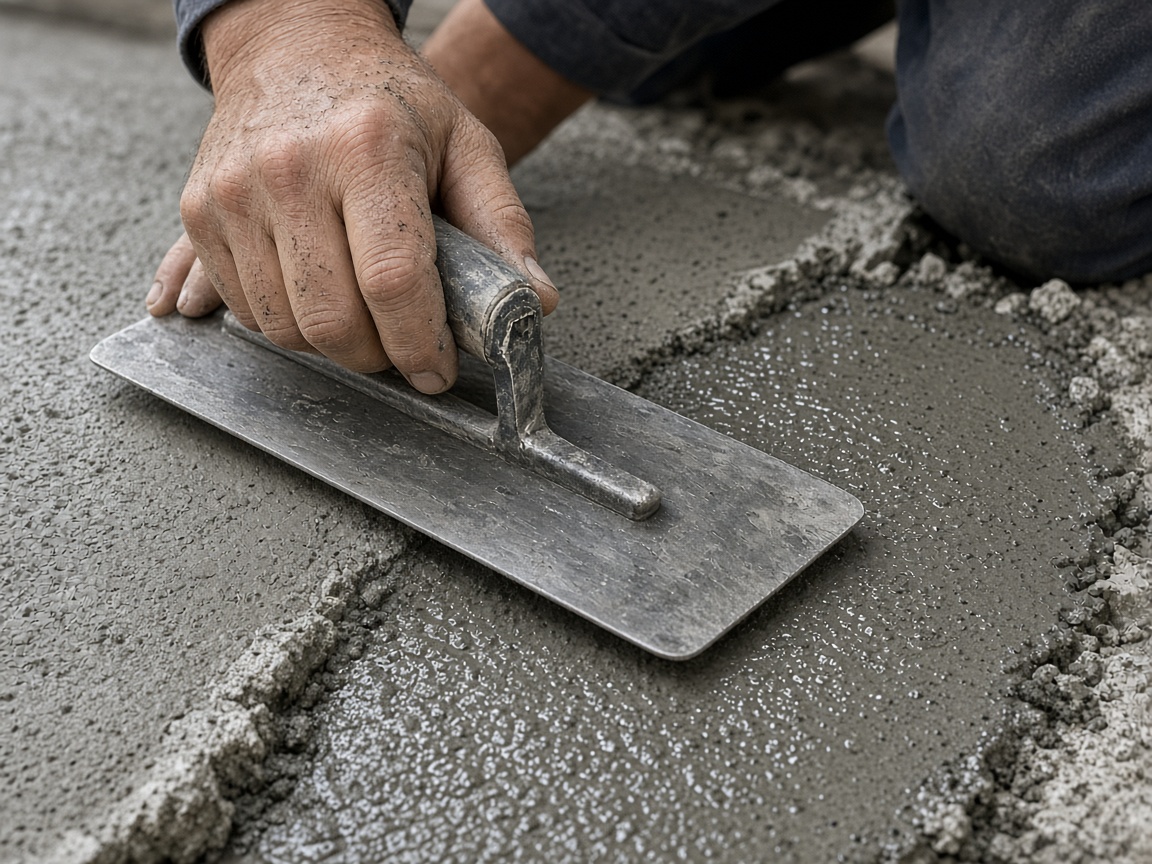Hands repairing concrete with a trowel