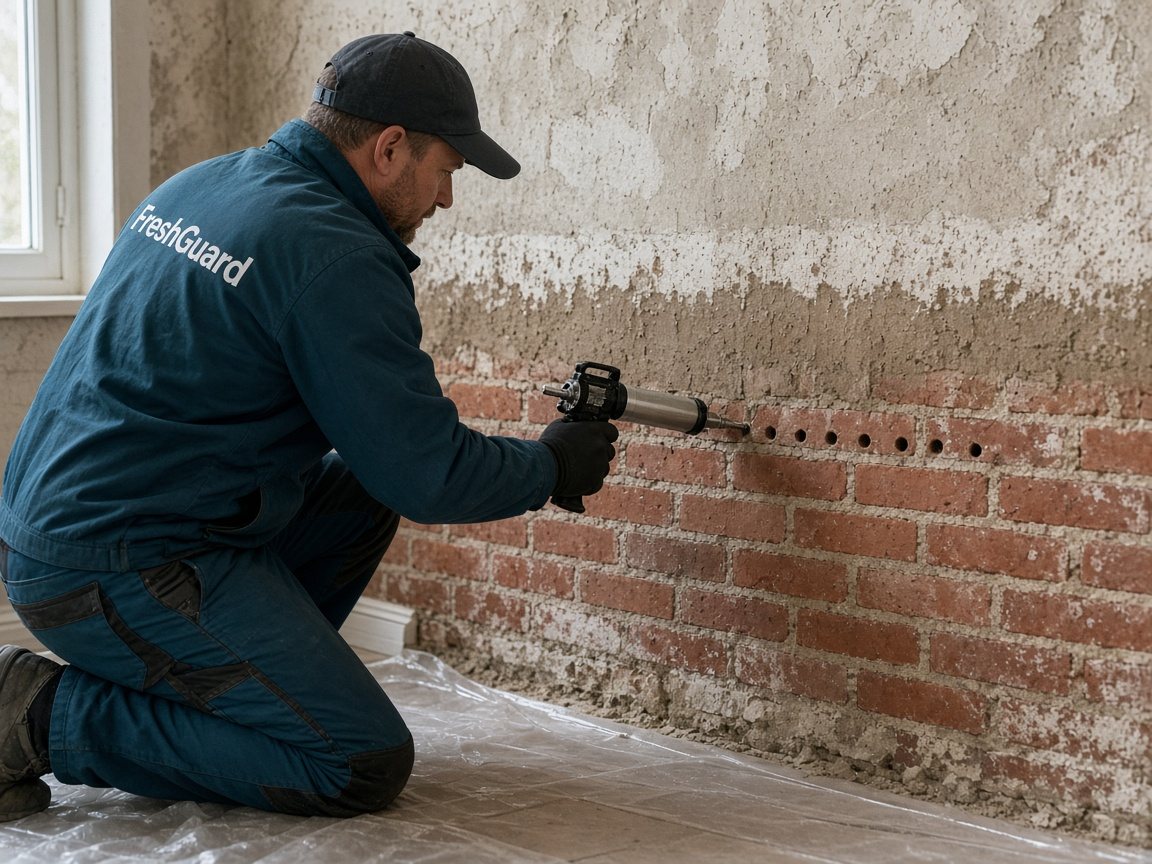 Técnico da FreshGuard a injetar uma barreira contra a humidade numa parede de tijolo