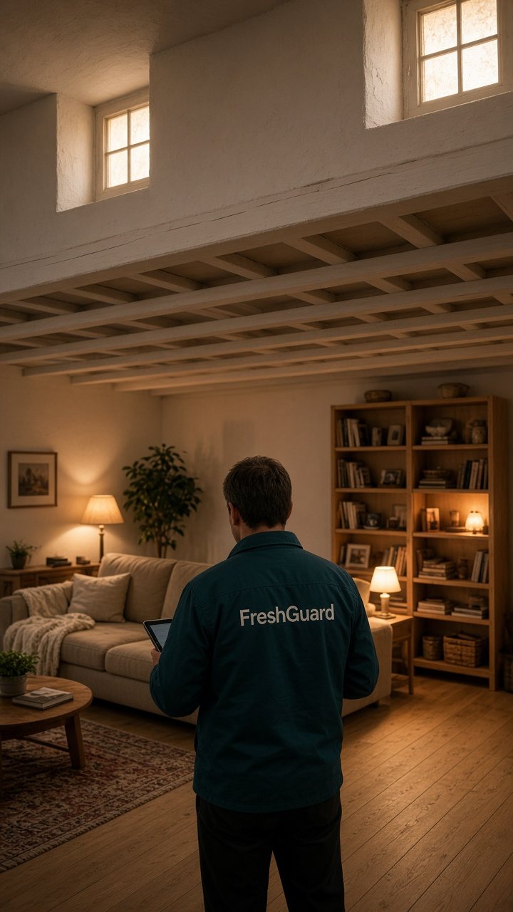 Técnico da FreshGuard a verificar uma cave transformada em sala de família já concluída