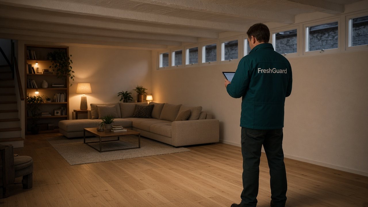 Técnico da FreshGuard a verificar uma cave transformada em sala de família já concluída