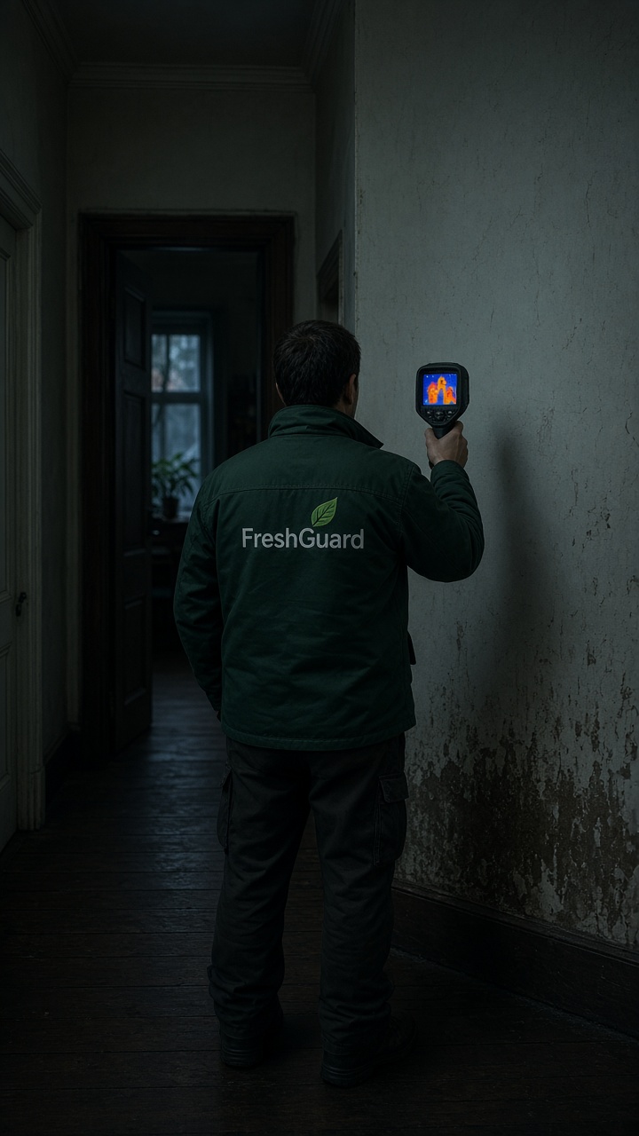 Especialista da FreshGuard a verificar com uma câmara térmica se há humidade oculta na parede de um corredor
