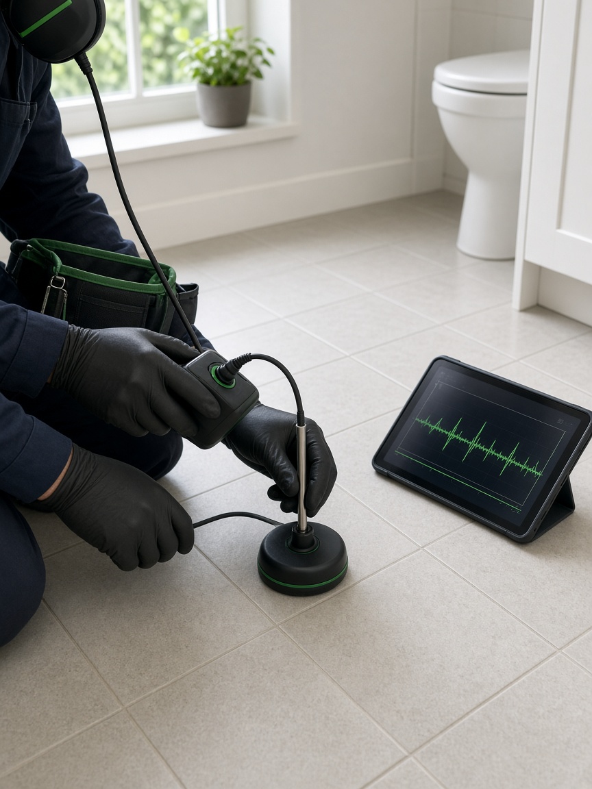Técnico a utilizar um detetor acústico de fugas no pavimento de uma casa de banho para encontrar uma fuga oculta numa tubagem