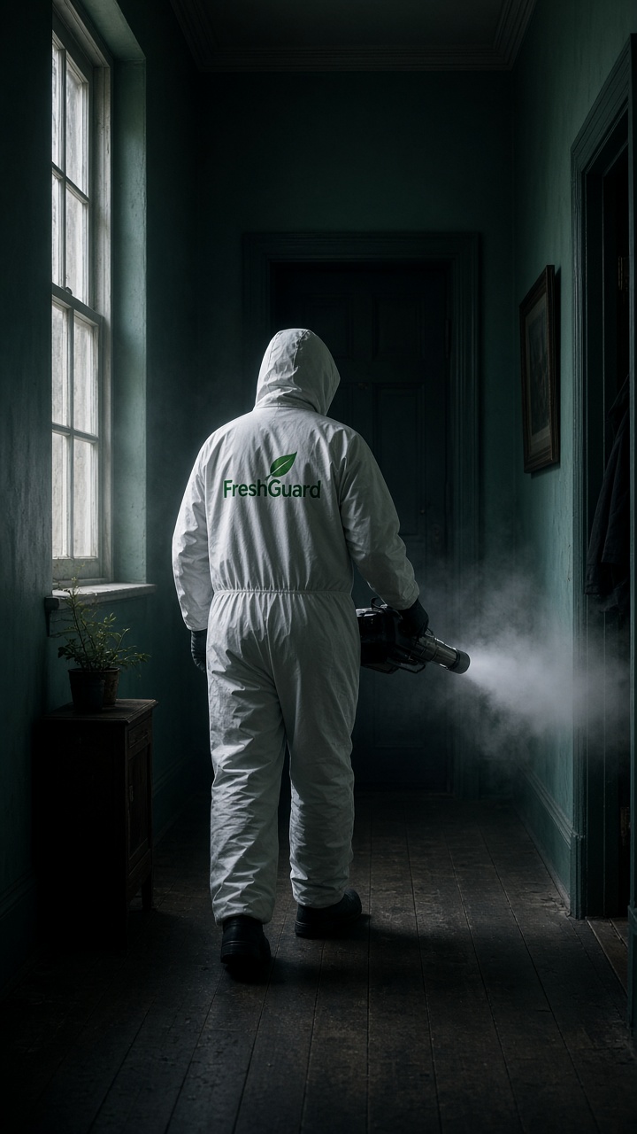 Especialista da FreshGuard a nebulizar um corredor para remover odores persistentes