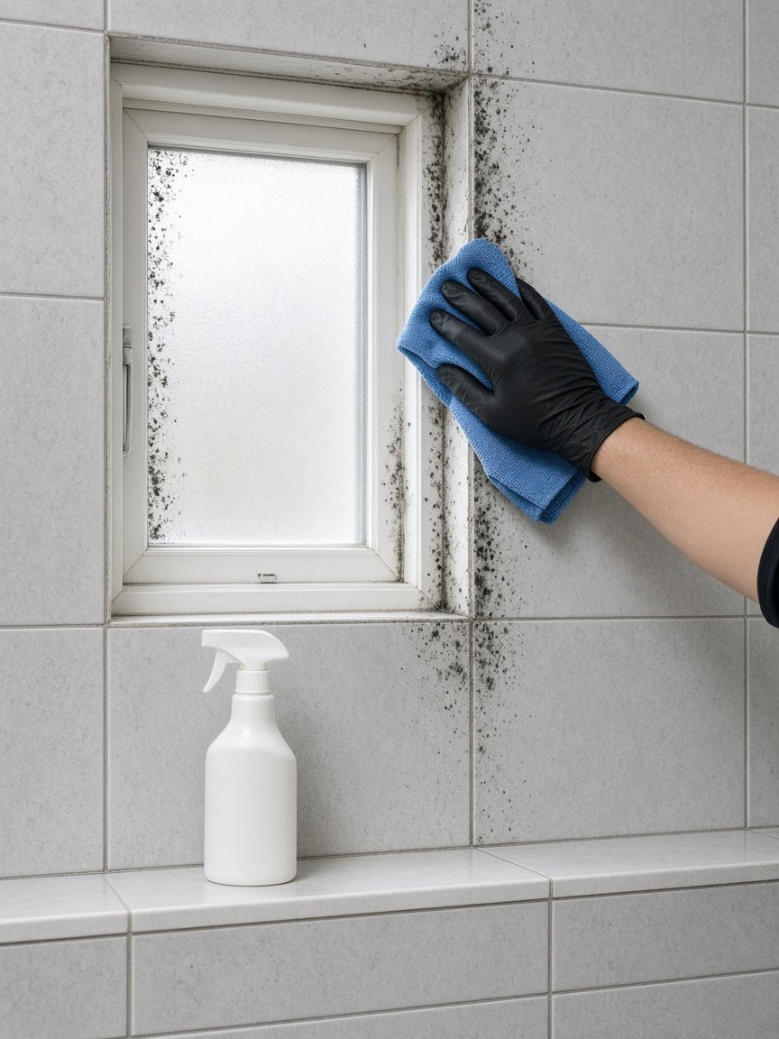 Mão com luva a limpar bolor negro dos azulejos da casa de banho junto a uma janela