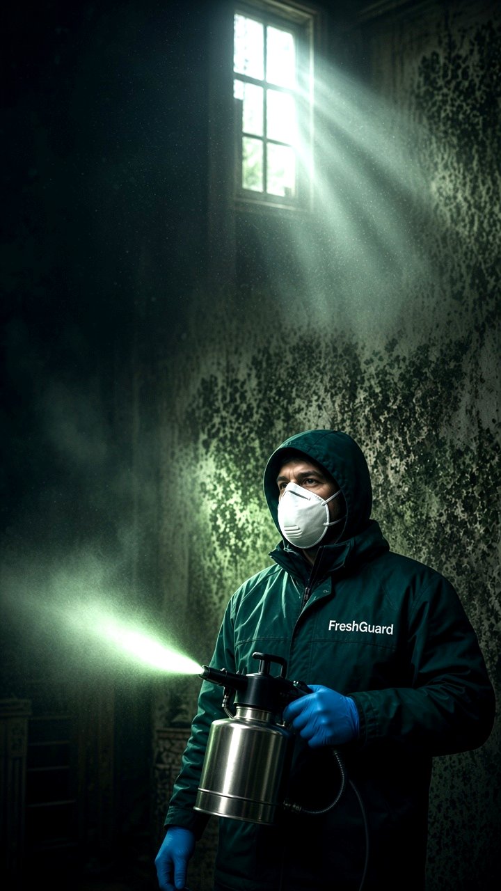 Especialista da FreshGuard a nebulizar uma parede com bolor