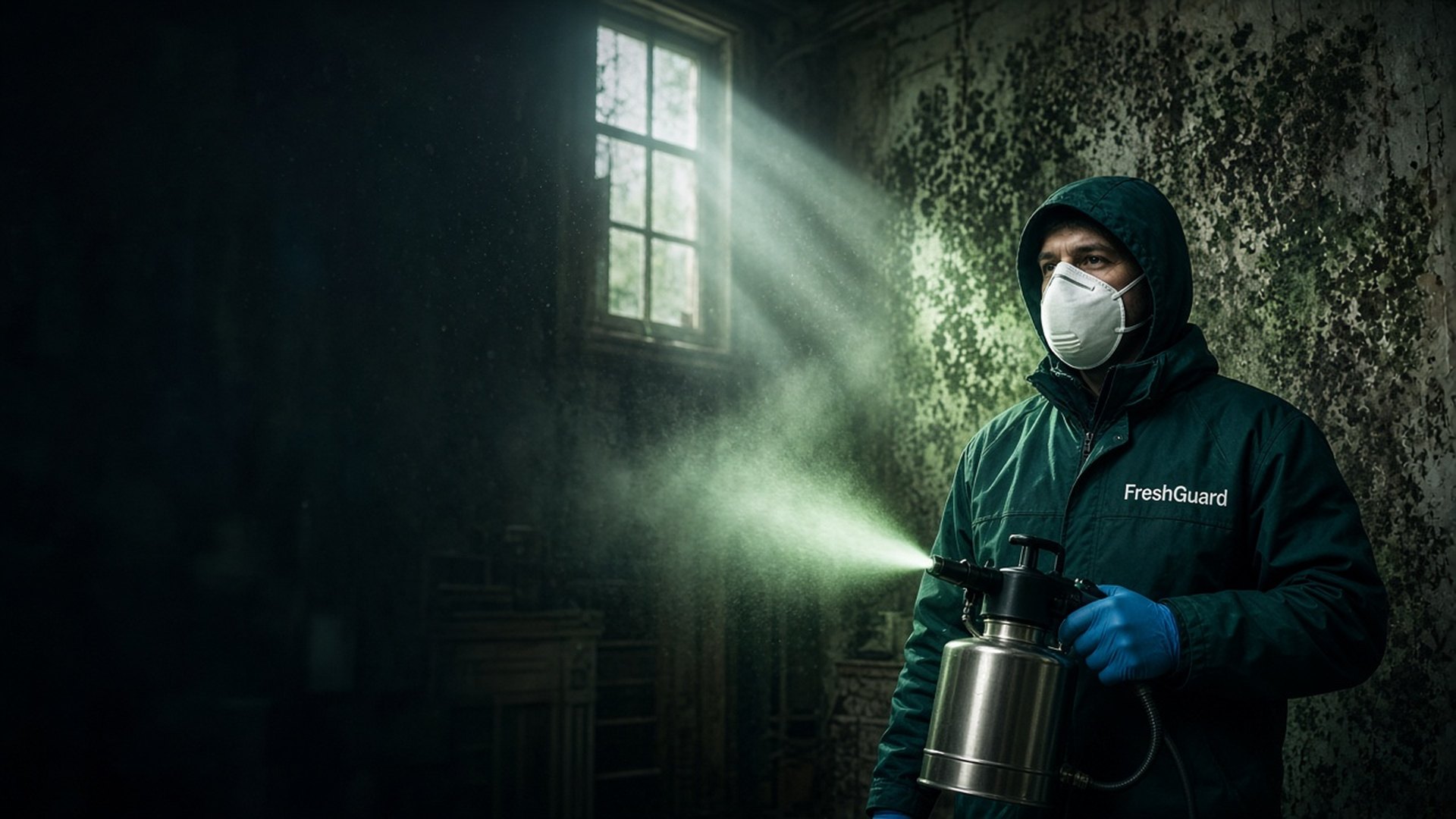 Especialista da FreshGuard a nebulizar uma parede com bolor numa divisão escura e húmida