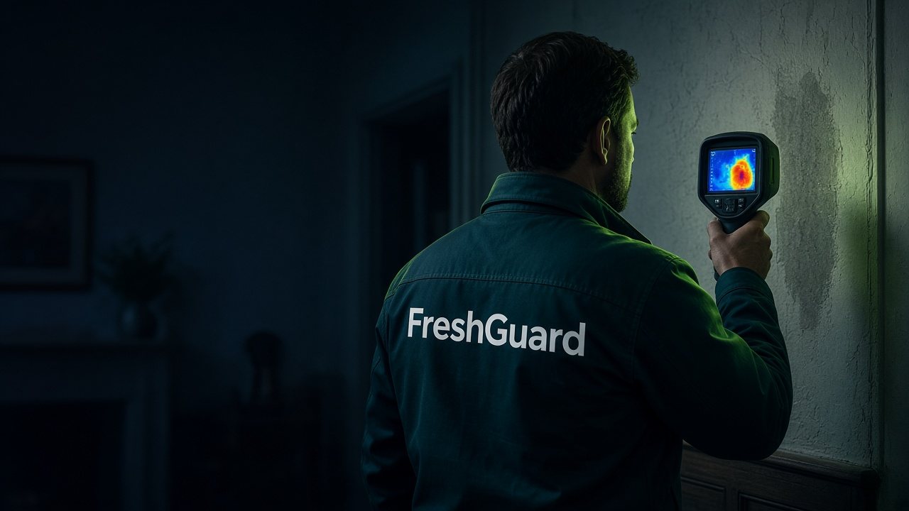 Especialista da FreshGuard a analisar uma parede com uma câmara de termografia