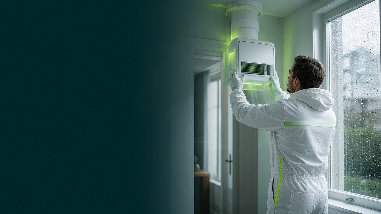 Técnico da FreshGuard a instalar uma unidade de ventilação moderna numa casa holandesa luminosa