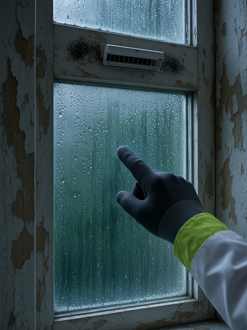 Mão com luva da FreshGuard a apontar para uma forte condensação numa janela, por baixo de uma grelha de ventilação, com bolor e tinta a descascar
